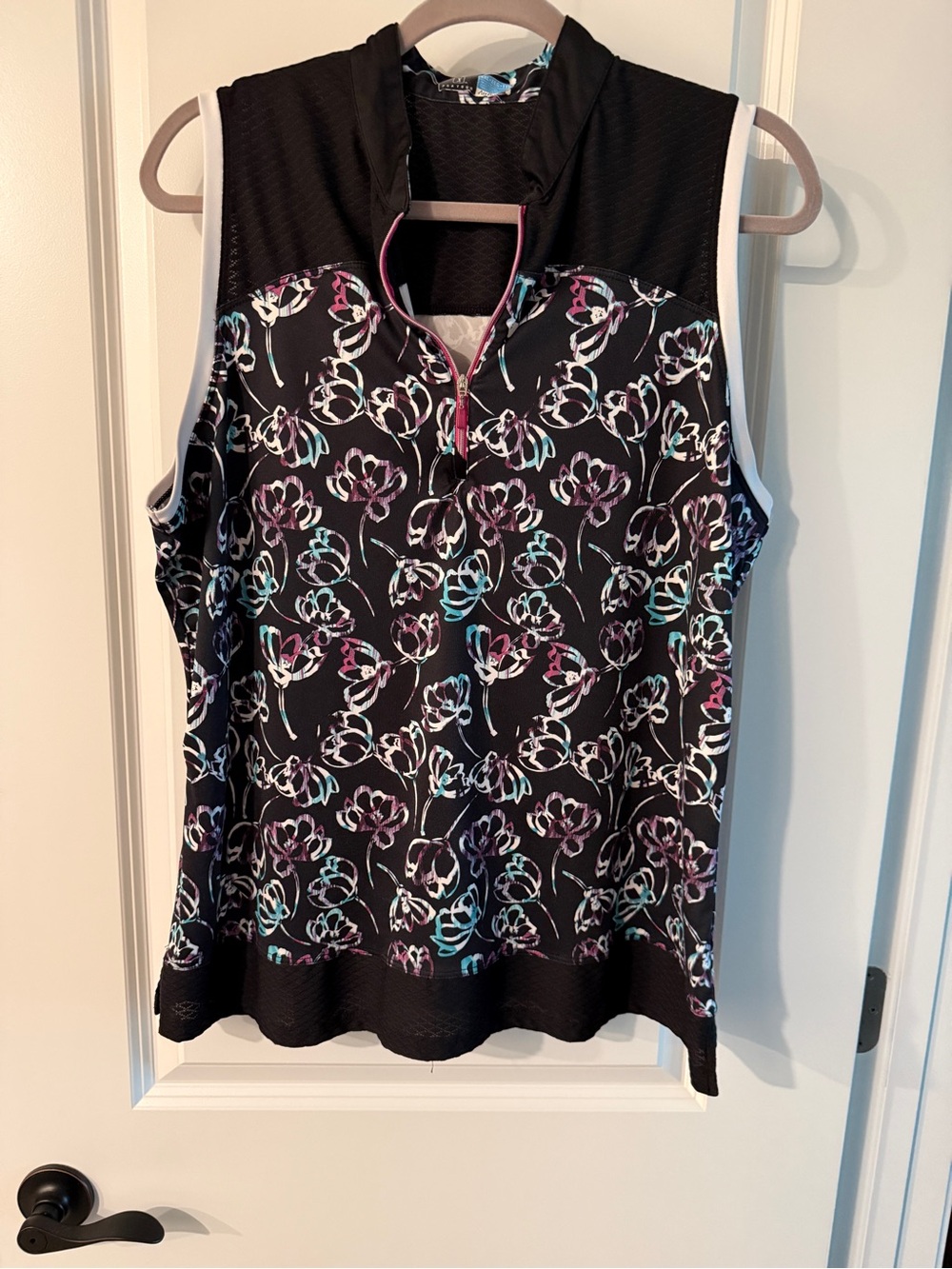 PGA Tour Black Sleeveless Floral Half-Zip Tank with Pink & Teal Accents